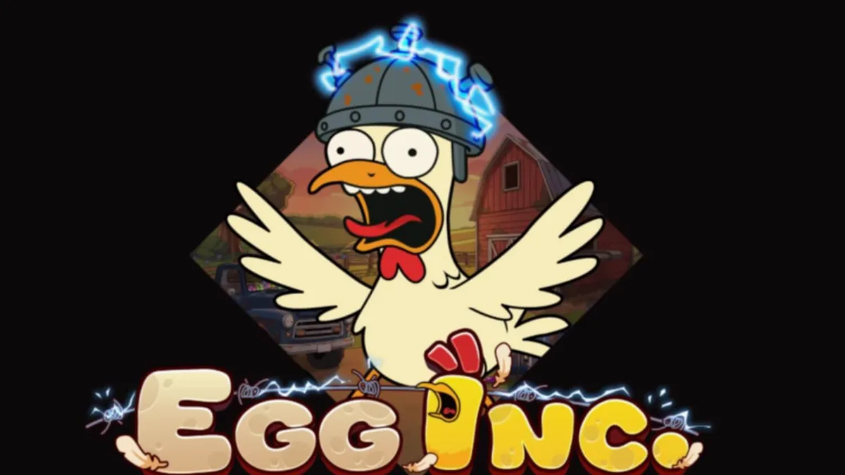 Tampilan antarmuka slot Egg Inc. pada perangkat seluler dengan tema pemberontakan peternakan yang penuh warna.
