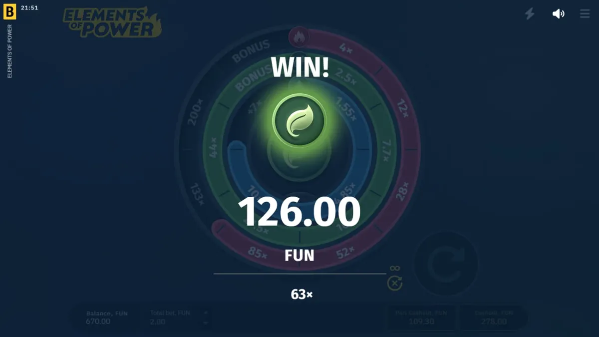 Tampilan antarmuka futuristik dari slot Elements of Power dengan elemen alam yang bercahaya.